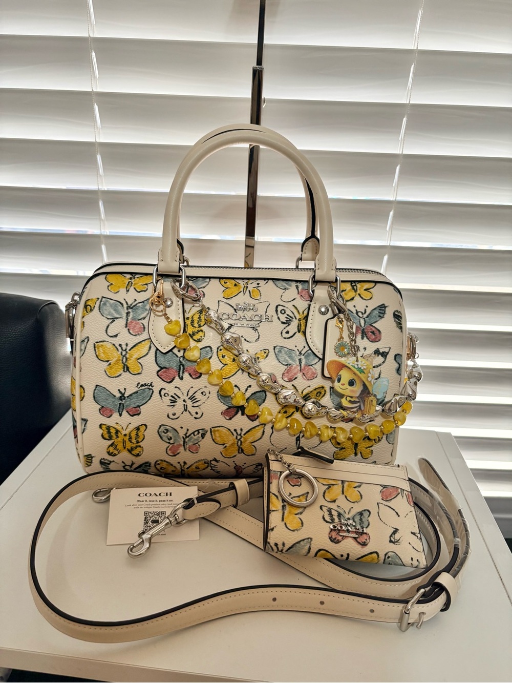 🦋💛COACH Rowan Satchel Butterfly Print Chalk Multi Set w/ ID Case